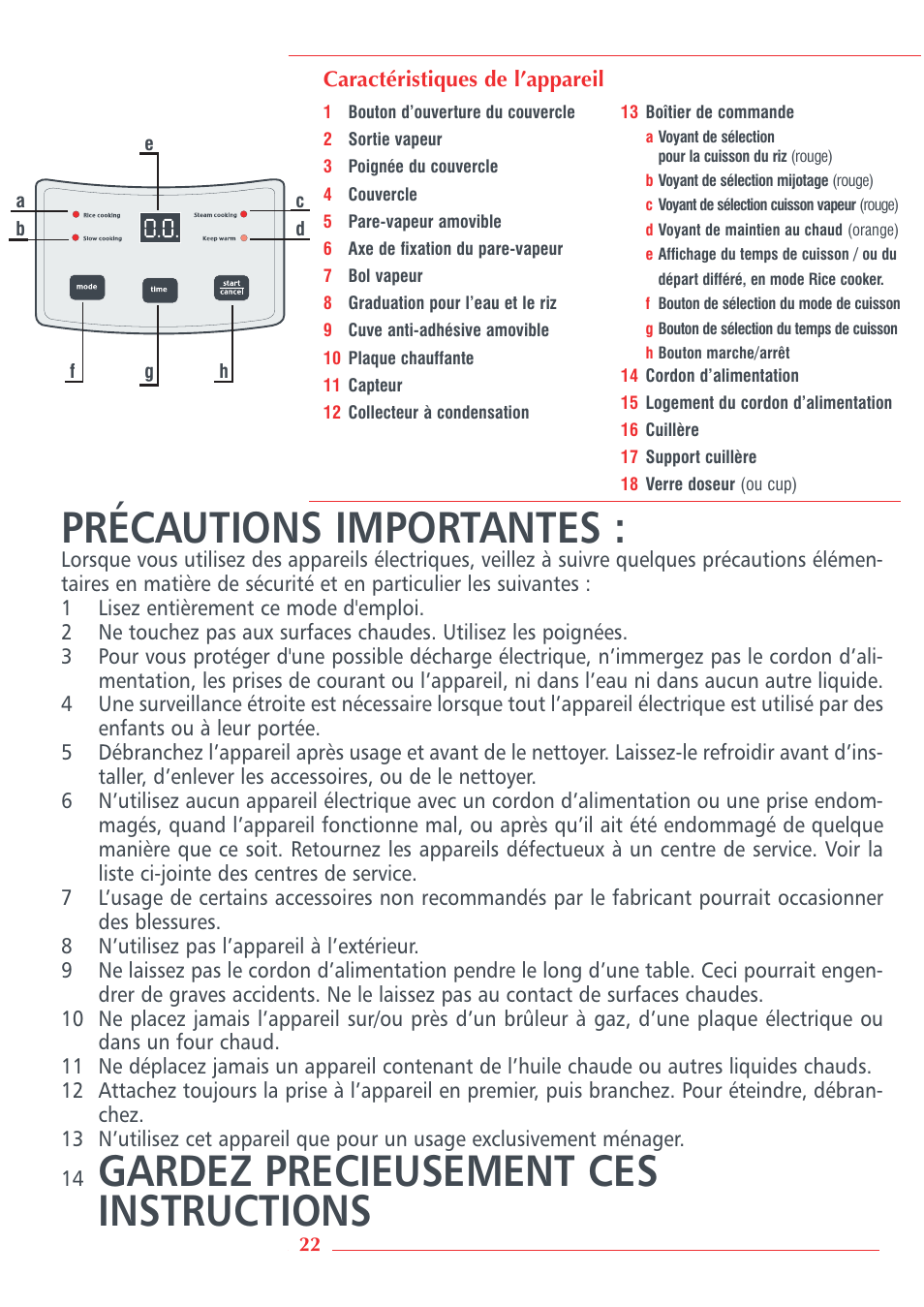 Précautions importantes, Gardez precieusement ces instructions | Krups Automatic Rice Cooker 3.21 3.21 User Manual | Page 20 / 60