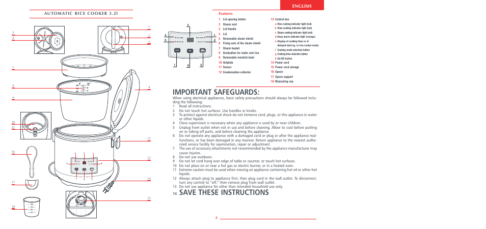 Important safeguards, Save these instructions, English | Krups Automatic Rice Cooker 3.21 3.21 User Manual | Page 3 / 60