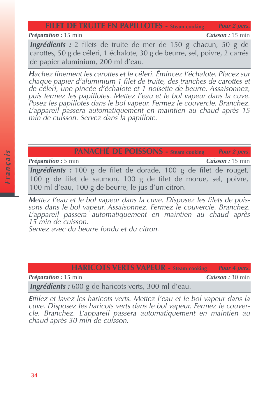 Panaché de poissons, Filet de truite en papillotes, Haricots verts vapeur | Krups Automatic Rice Cooker 3.21 3.21 User Manual | Page 32 / 60