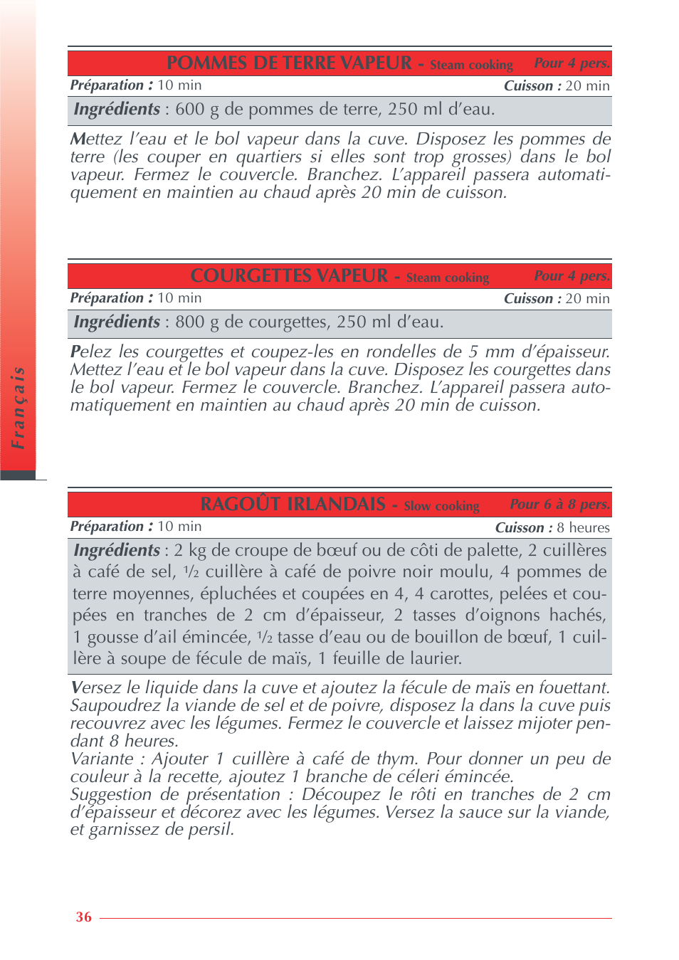 Pommes de terre vapeur, Courgettes vapeur, Ragoût irlandais | Krups Automatic Rice Cooker 3.21 3.21 User Manual | Page 34 / 60