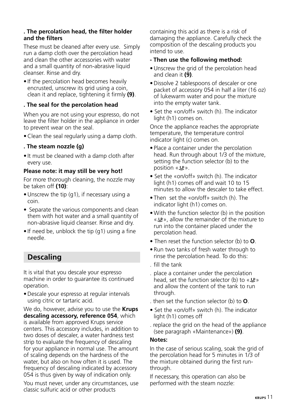 Descaling | Krups Expresso Machine FNP1 User Manual | Page 11 / 33