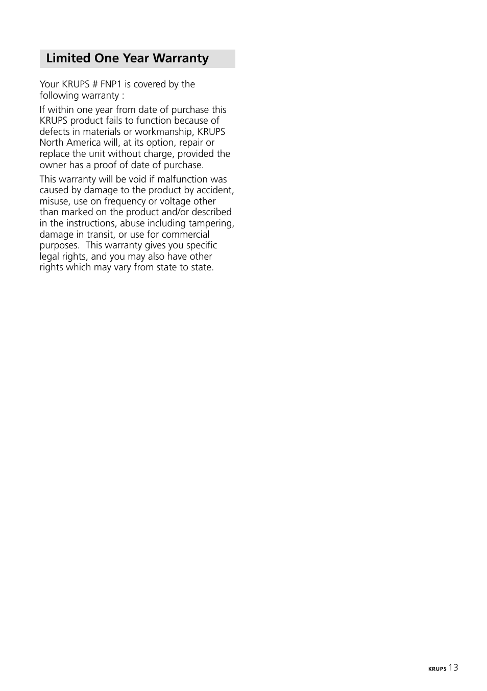 Limited one year warranty | Krups Expresso Machine FNP1 User Manual | Page 13 / 33