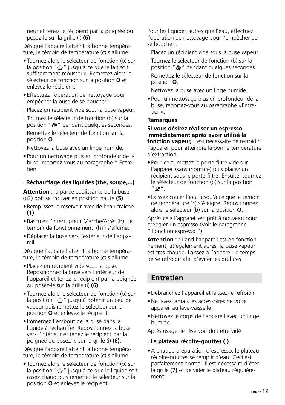 Entretien | Krups Expresso Machine FNP1 User Manual | Page 19 / 33