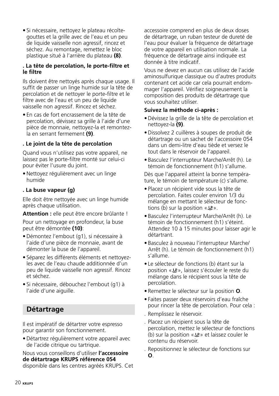 Détartrage | Krups Expresso Machine FNP1 User Manual | Page 20 / 33