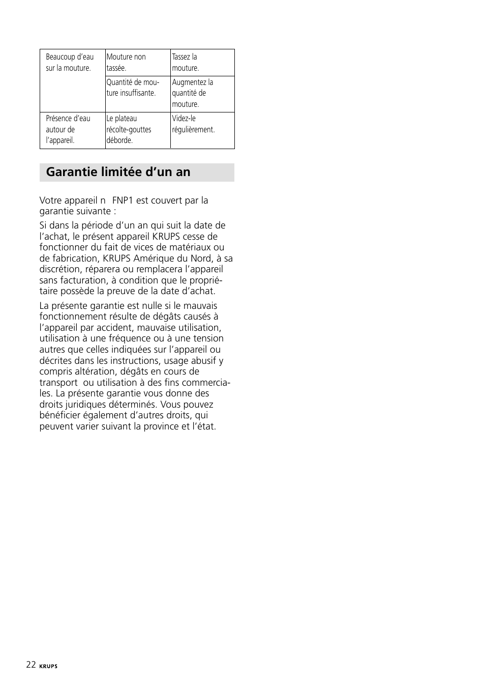 Garantie limitée d’un an | Krups Expresso Machine FNP1 User Manual | Page 22 / 33