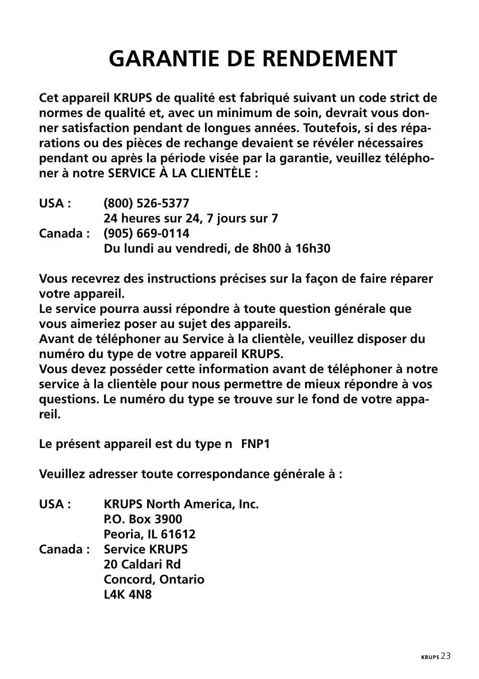 Garantie de rendement | Krups Expresso Machine FNP1 User Manual | Page 23 / 33