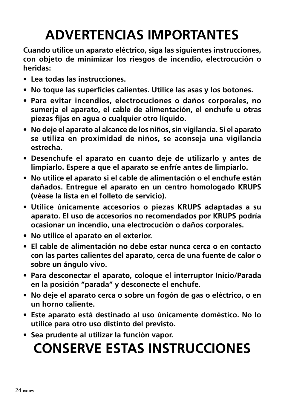 Advertencias importantes, Conserve estas instrucciones | Krups Expresso Machine FNP1 User Manual | Page 24 / 33