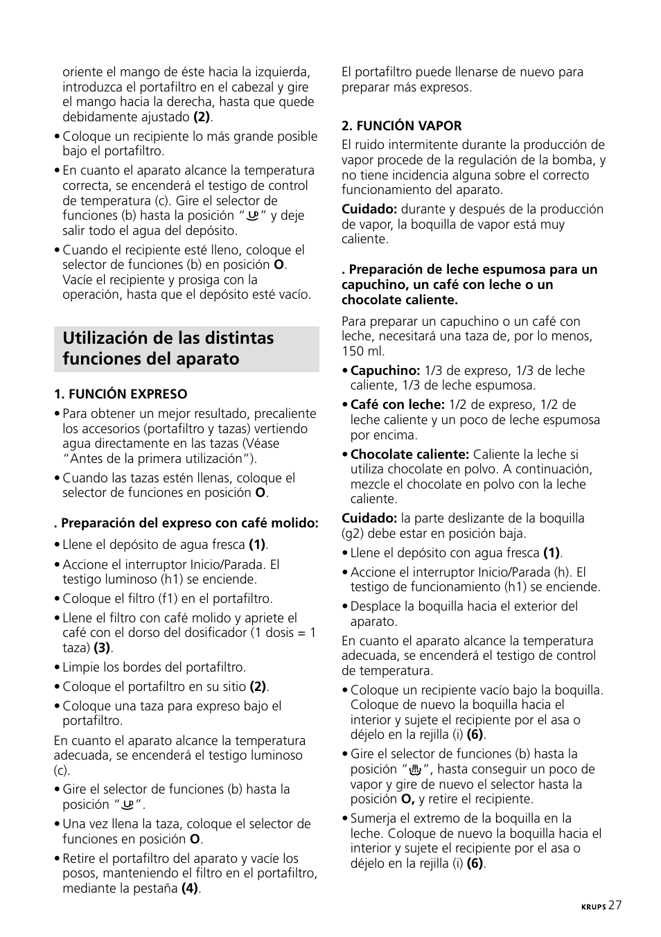 Utilización de las distintas funciones del aparato | Krups Expresso Machine FNP1 User Manual | Page 27 / 33