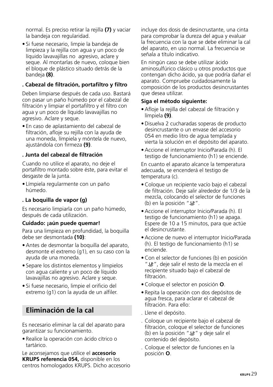 Eliminación de la cal | Krups Expresso Machine FNP1 User Manual | Page 29 / 33