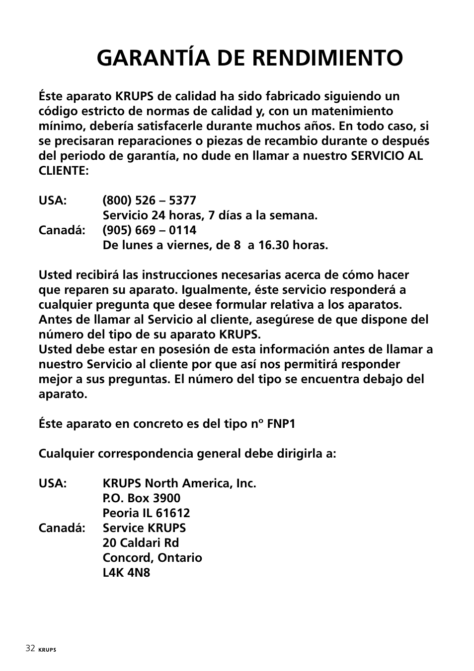 Garantía de rendimiento | Krups Expresso Machine FNP1 User Manual | Page 32 / 33