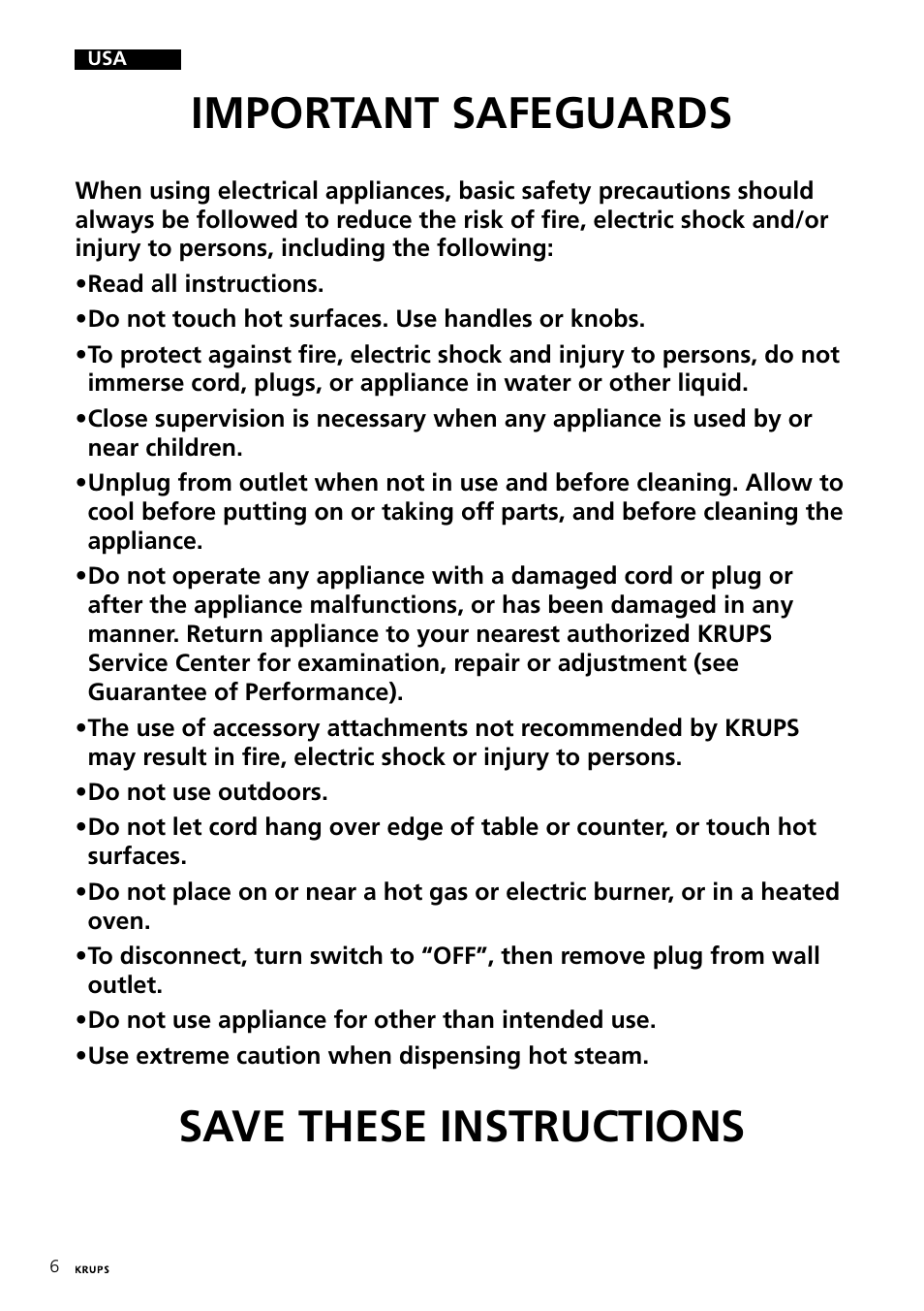 Important safeguards, Save these instructions | Krups Expresso Machine FNP1 User Manual | Page 6 / 33