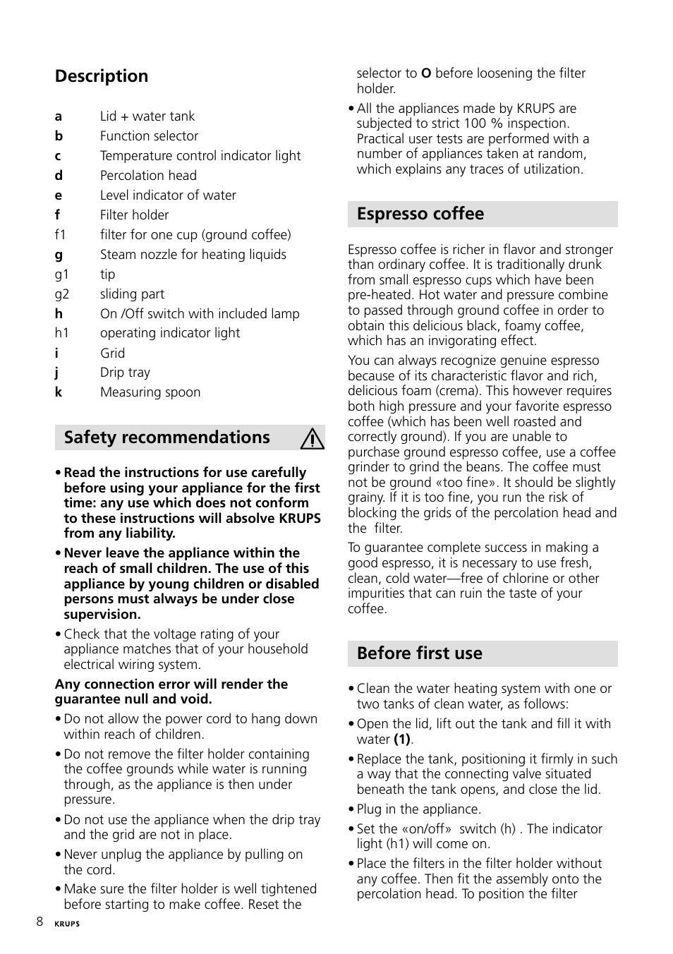 Description, Safety recommendations, Espresso coffee | Before first use | Krups Expresso Machine FNP1 User Manual | Page 8 / 33