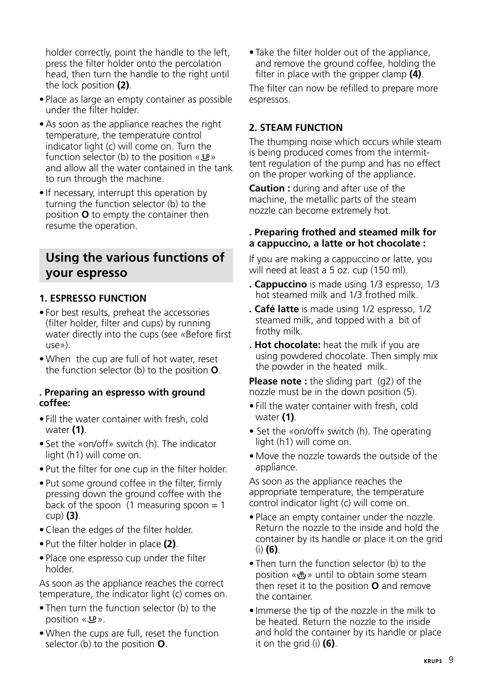 Using the various functions of your espresso | Krups Expresso Machine FNP1 User Manual | Page 9 / 33