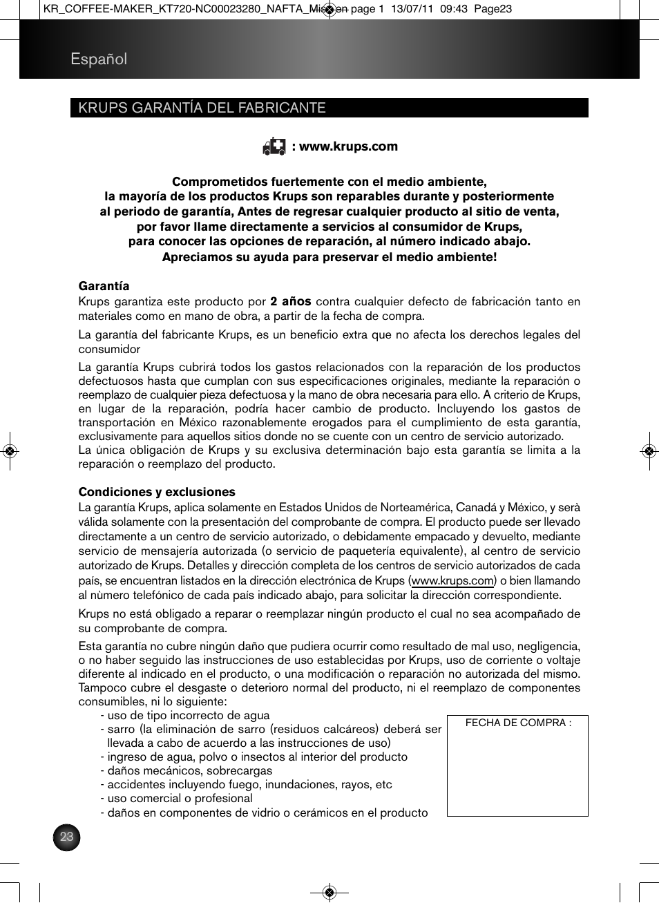 Español | Krups Coffee Maker NC00023280 User Manual | Page 24 / 26