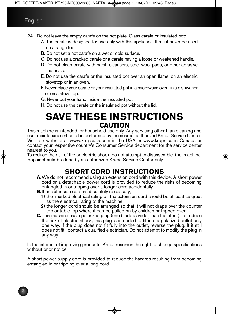 Save these instructions, Caution, Short cord instructions | Krups Coffee Maker NC00023280 User Manual | Page 4 / 26