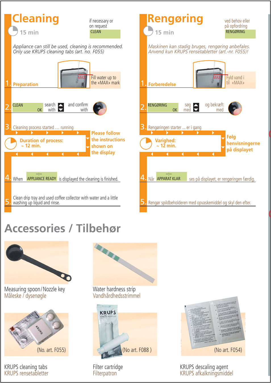 Cleaning, Rengøring, Accessories / tilbehør | Krups ORCHESTRO DIALOG User Manual | Page 10 / 12