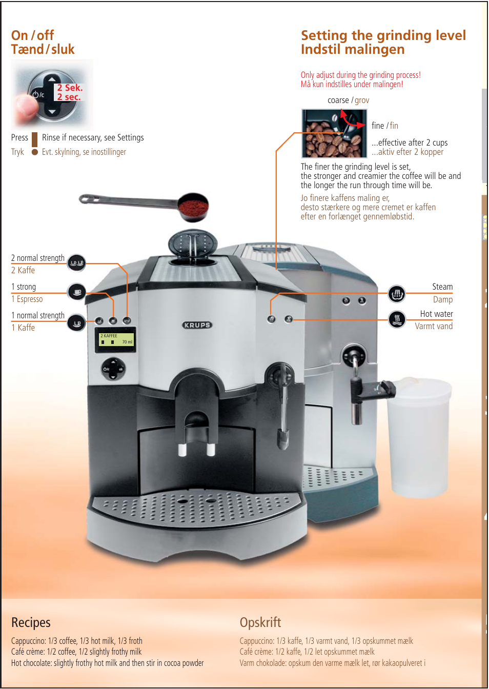 Setting the grinding level indstil malingen, On /off tænd/sluk, Opskrift recipes | Krups ORCHESTRO DIALOG User Manual | Page 5 / 12