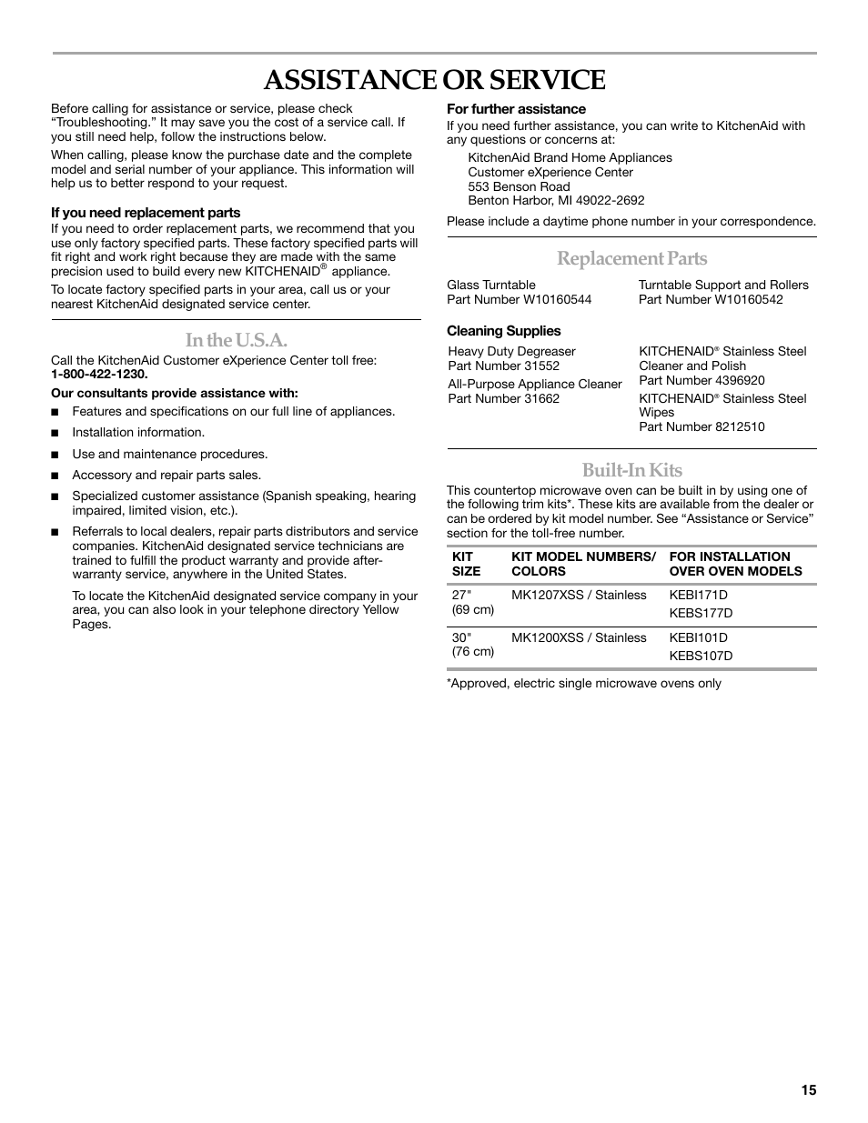 Assistance or service, Replacement parts, Built-in kits | KITCHENAID KCMS2055SSS User Manual | Page 15 / 16