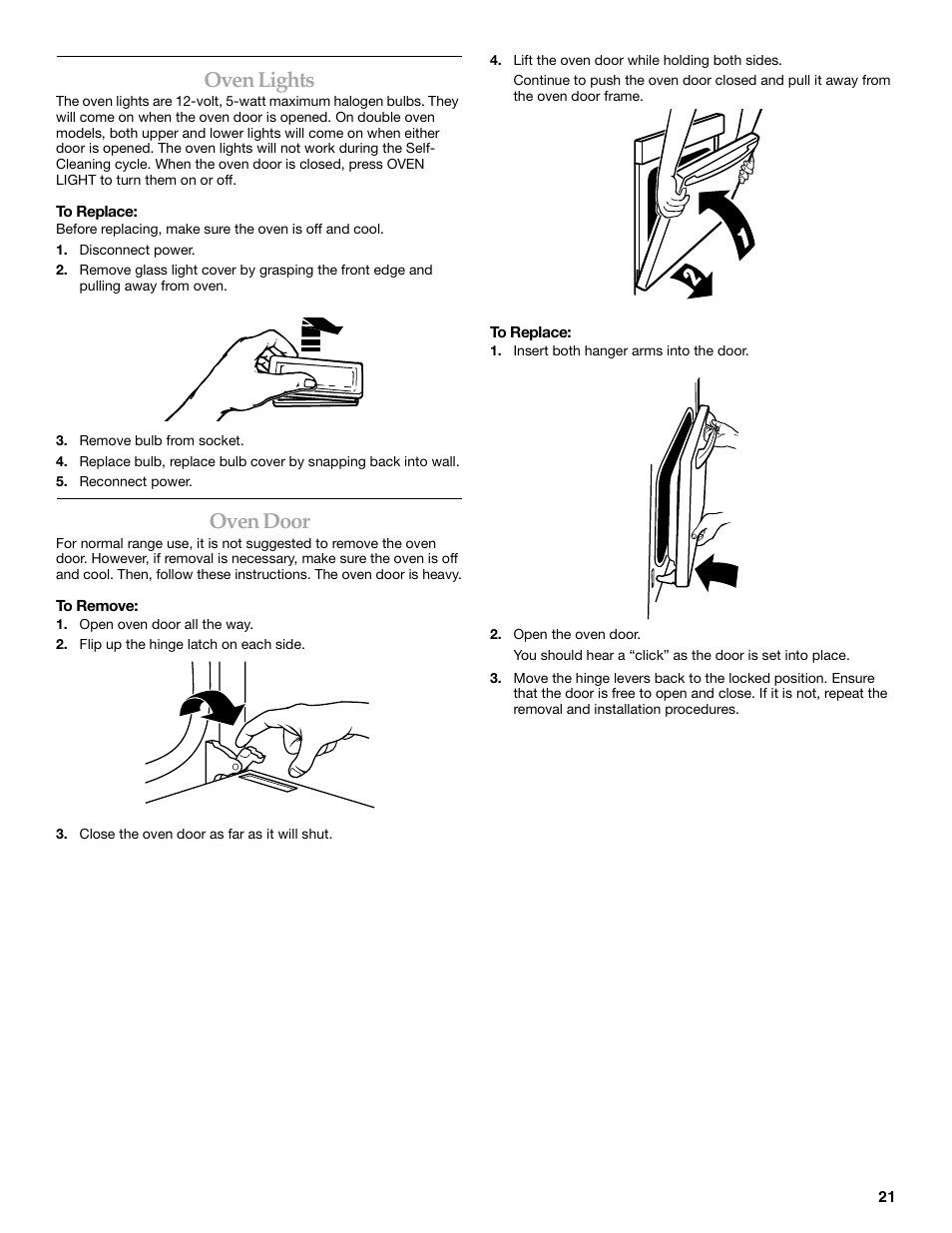 Oven lights, Oven door | KITCHENAID KEBC147 User Manual | Page 21 / 24