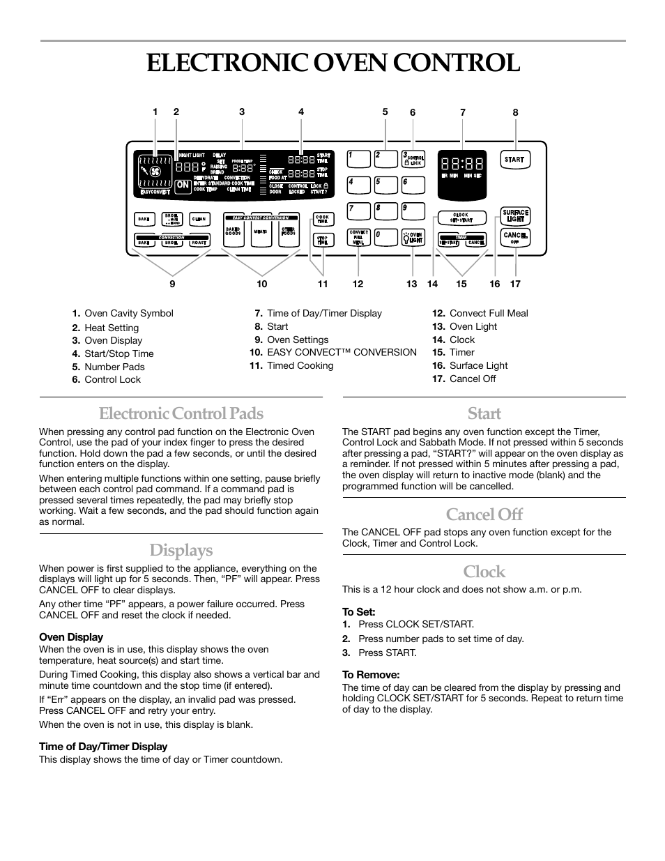 Electronic oven control, Electronic control pads, Displays | Start, Cancel off, Clock | KITCHENAID KERC507 User Manual | Page 11 / 28