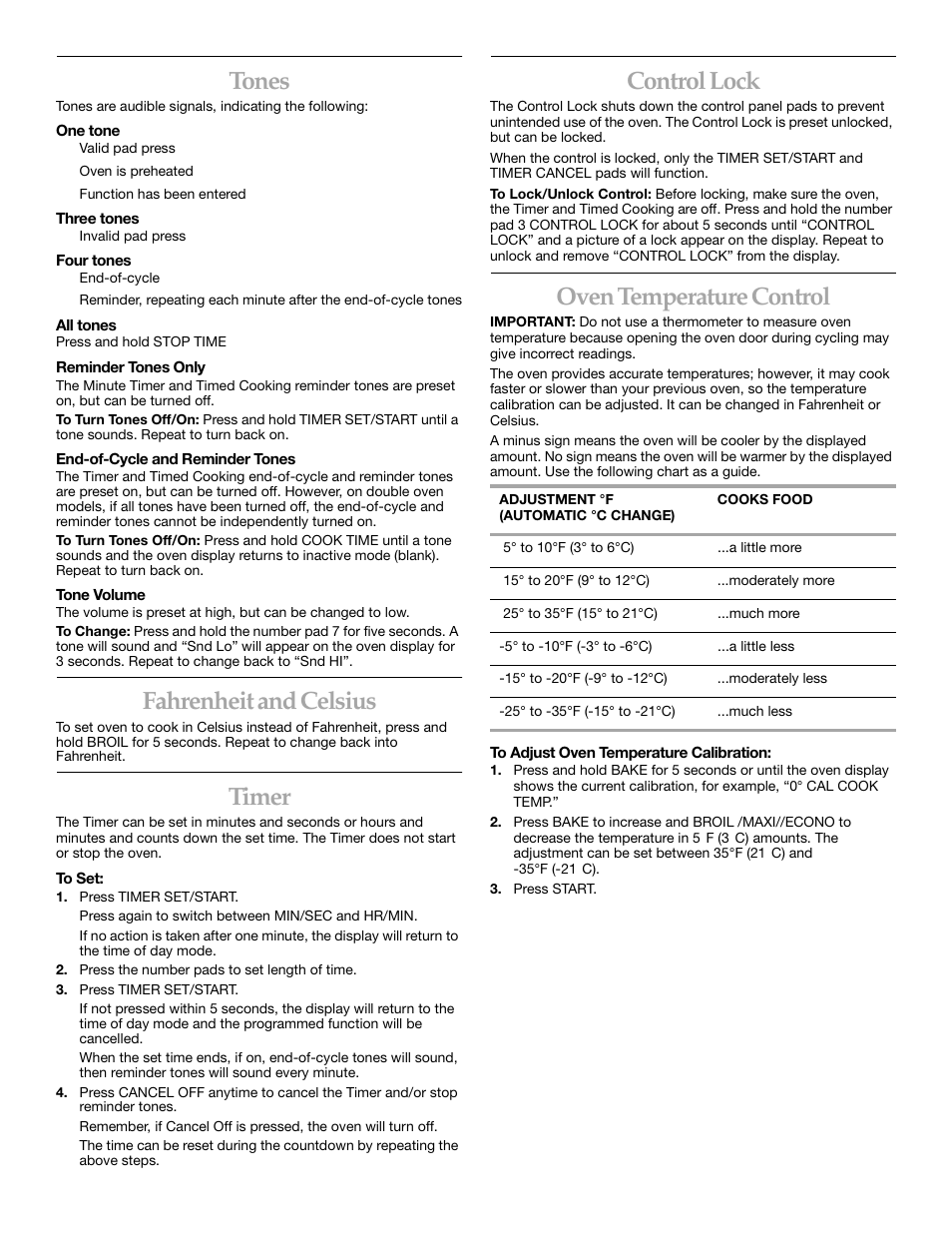 Tones, Fahrenheit and celsius, Timer | Control lock, Oven temperature control | KITCHENAID KERC507 User Manual | Page 12 / 28