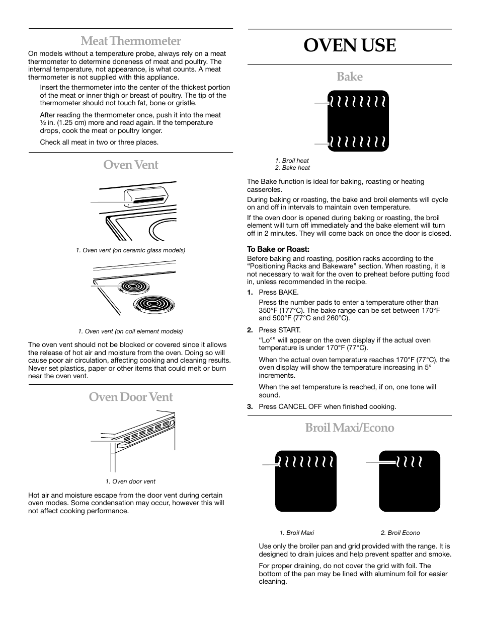 Oven use, Bake, Broil maxi/econo | Meat thermometer, Oven vent, Oven door vent | KITCHENAID KERC507 User Manual | Page 14 / 28