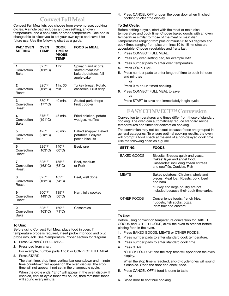 Convectfullmeal, Easyconvect™conversion, Convect full meal | Easy convect™ conversion | KITCHENAID KERC507 User Manual | Page 18 / 28