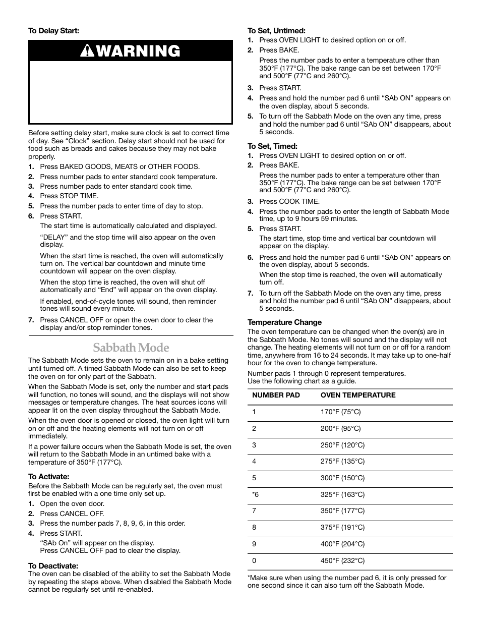 Sabbath mode, Warning | KITCHENAID KERC507 User Manual | Page 19 / 28