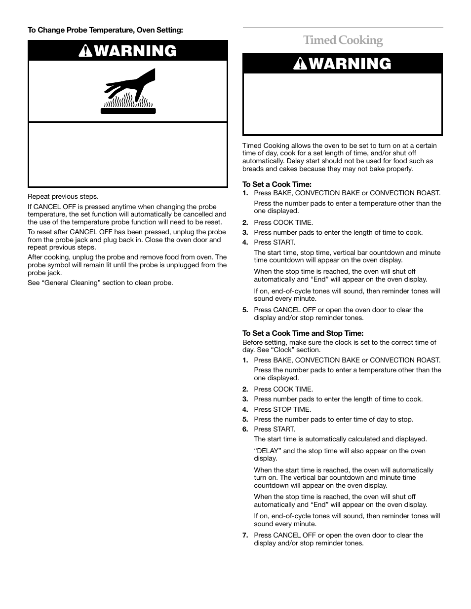 Timed cooking, Warning | KITCHENAID KERC507 User Manual | Page 21 / 28