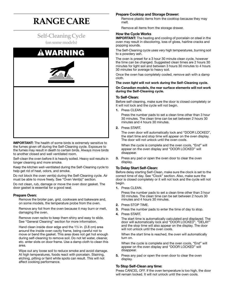Range care, Warning, Self-cleaning cycle | On some models) | KITCHENAID KERC507 User Manual | Page 22 / 28