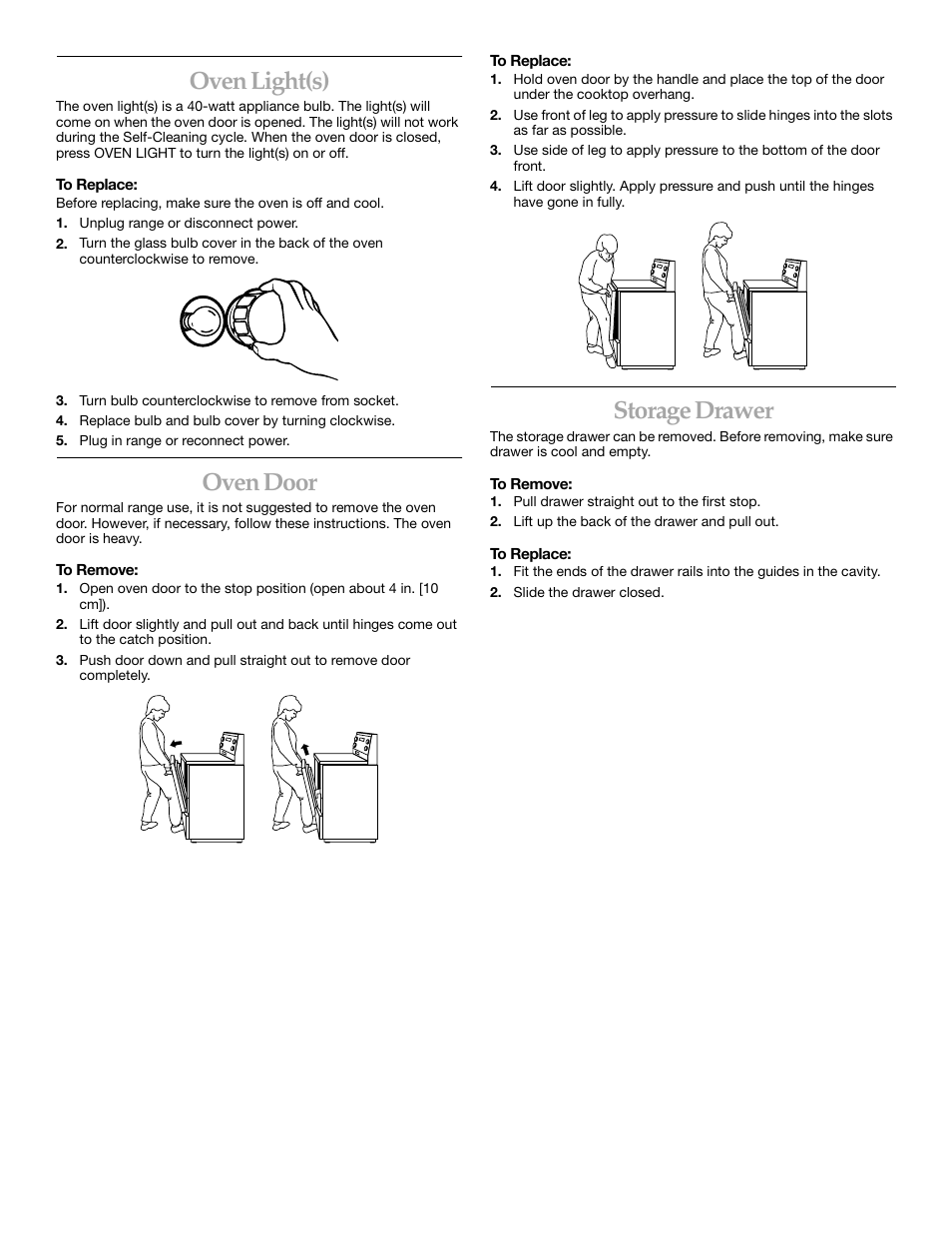 Oven light(s), Oven door, Storage drawer | KITCHENAID KERC507 User Manual | Page 25 / 28