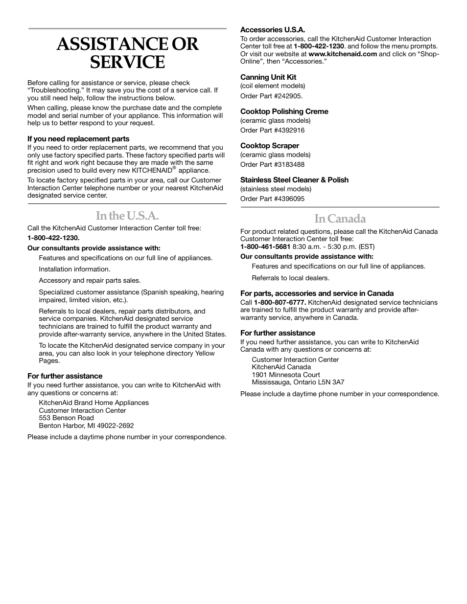 Assistance, Assistance or service | KITCHENAID KERC507 User Manual | Page 27 / 28