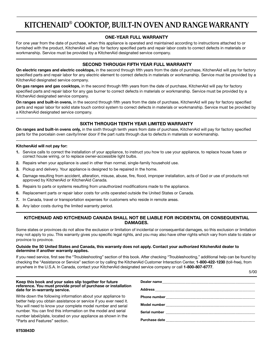 Warranty, Kitchenaid, Cooktop, built-in oven and range warranty | KITCHENAID KERC507 User Manual | Page 28 / 28