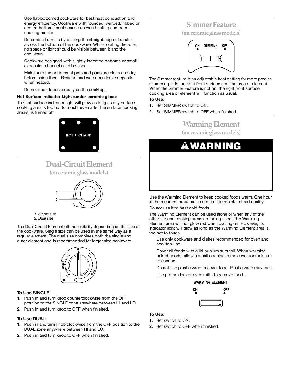 Warning, Dual-circuit element, Simmer feature | Warming element, On ceramic glass models) | KITCHENAID KERC507 User Manual | Page 8 / 28