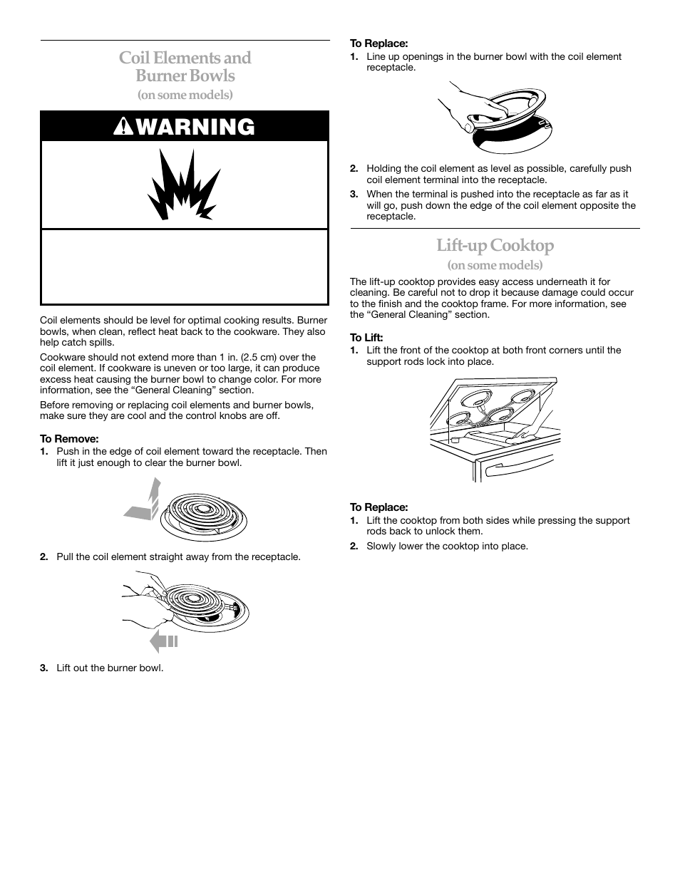 Warning, Coil elements and burner bowls, Lift-up cooktop | KITCHENAID KERC507 User Manual | Page 9 / 28