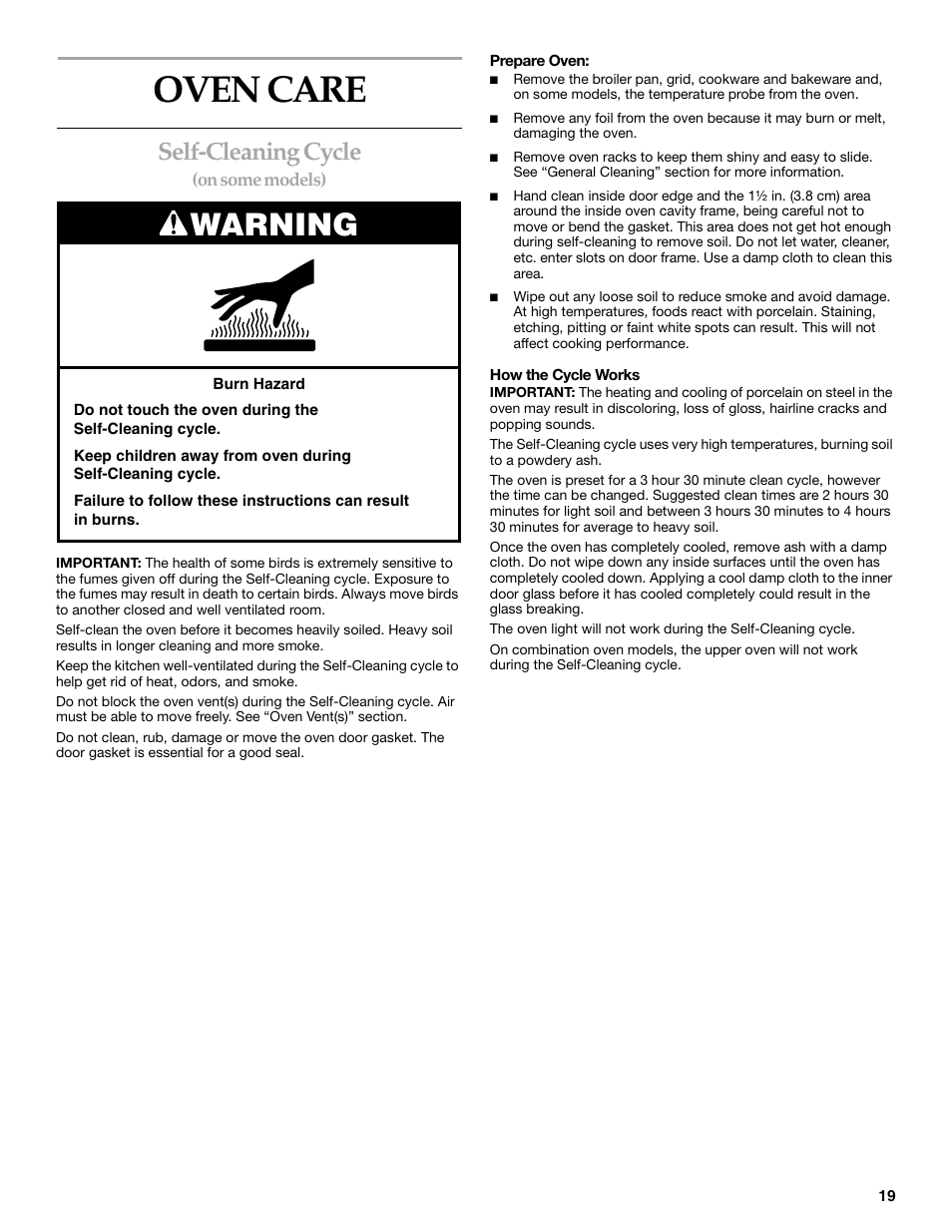 Oven care, Warning, Self-cleaning cycle | KITCHENAID KEMC307 User Manual | Page 19 / 24