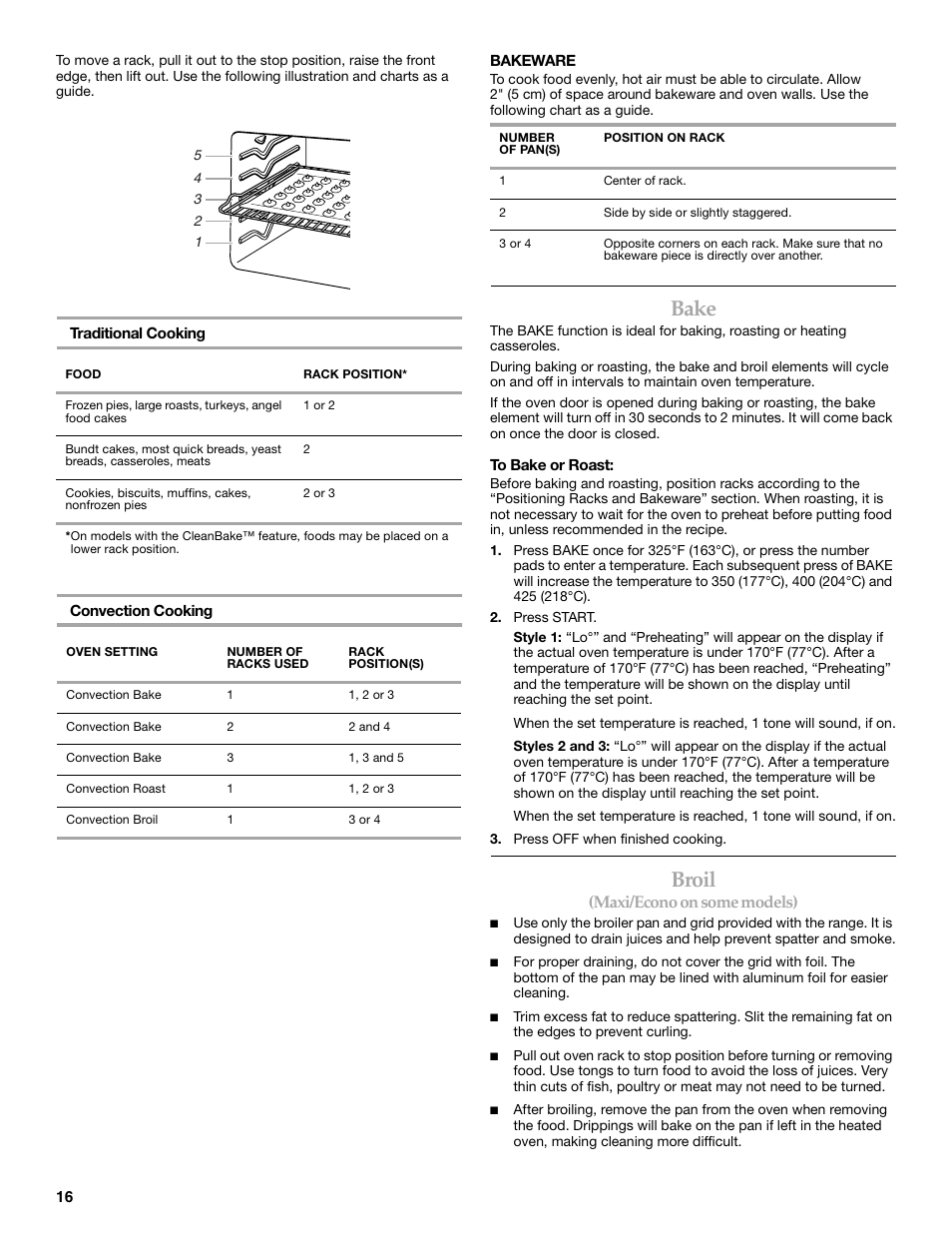 Bake, Broil, Maxi/econo on some models) | KITCHENAID KERI201 User Manual | Page 16 / 28