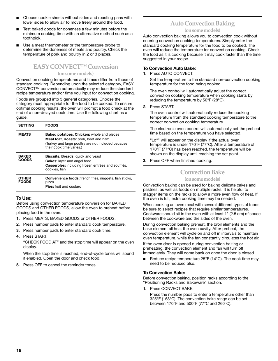 Easy convect™ conversion, Auto convection baking, Convection bake | KITCHENAID KERI201 User Manual | Page 18 / 28