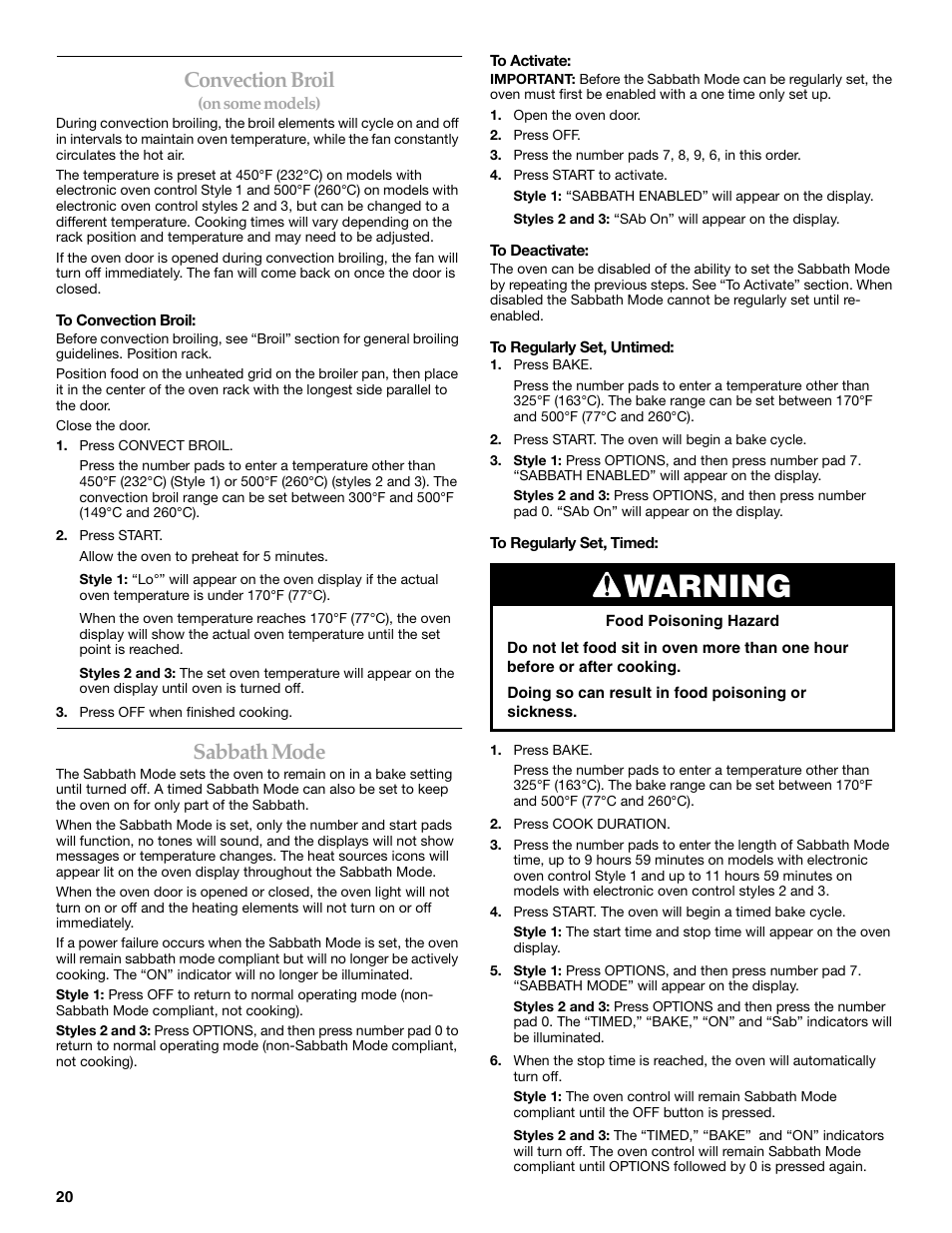 Warning, Convection broil, Sabbath mode | KITCHENAID KERI201 User Manual | Page 20 / 28