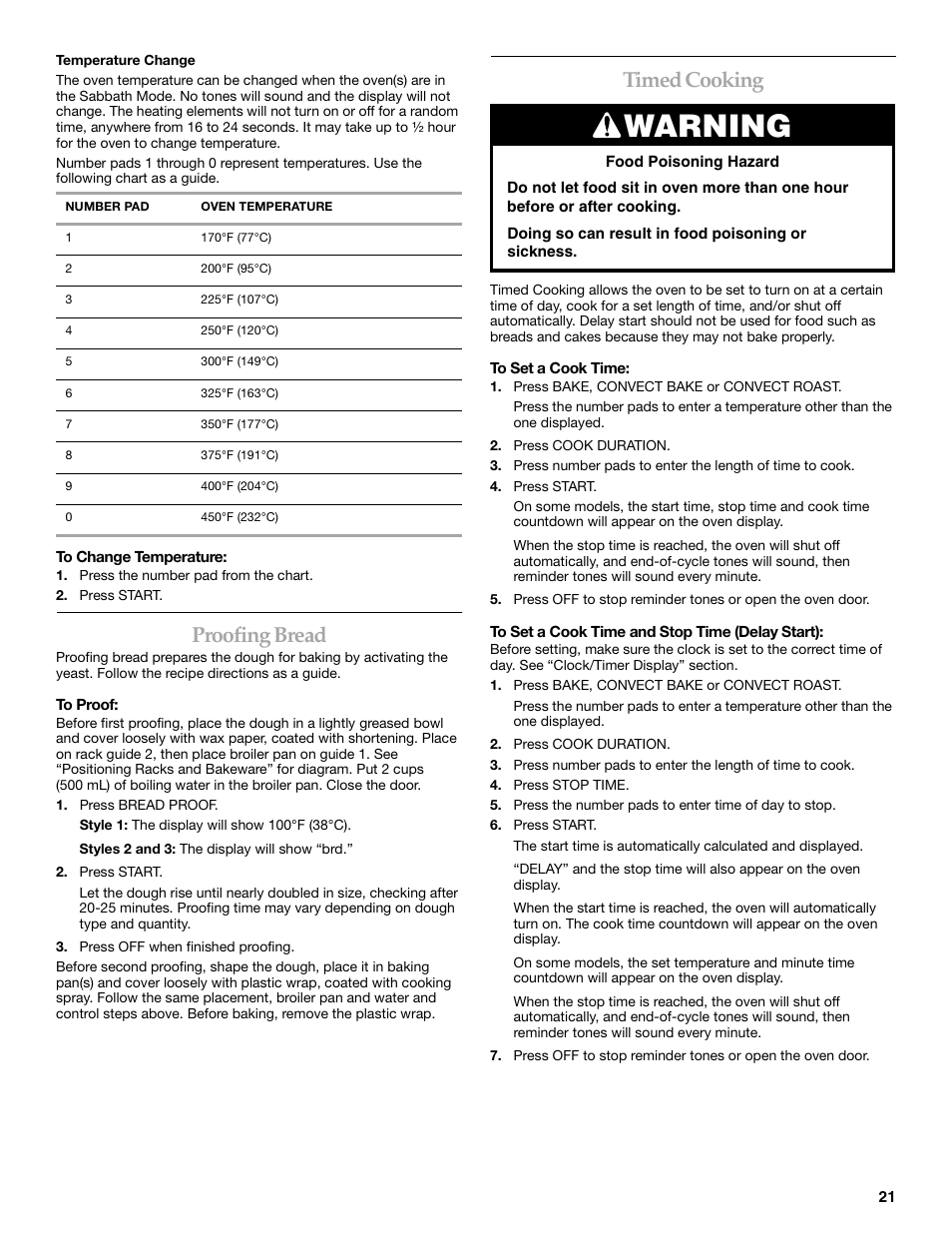 Warning, Proofing bread, Timed cooking | KITCHENAID KERI201 User Manual | Page 21 / 28