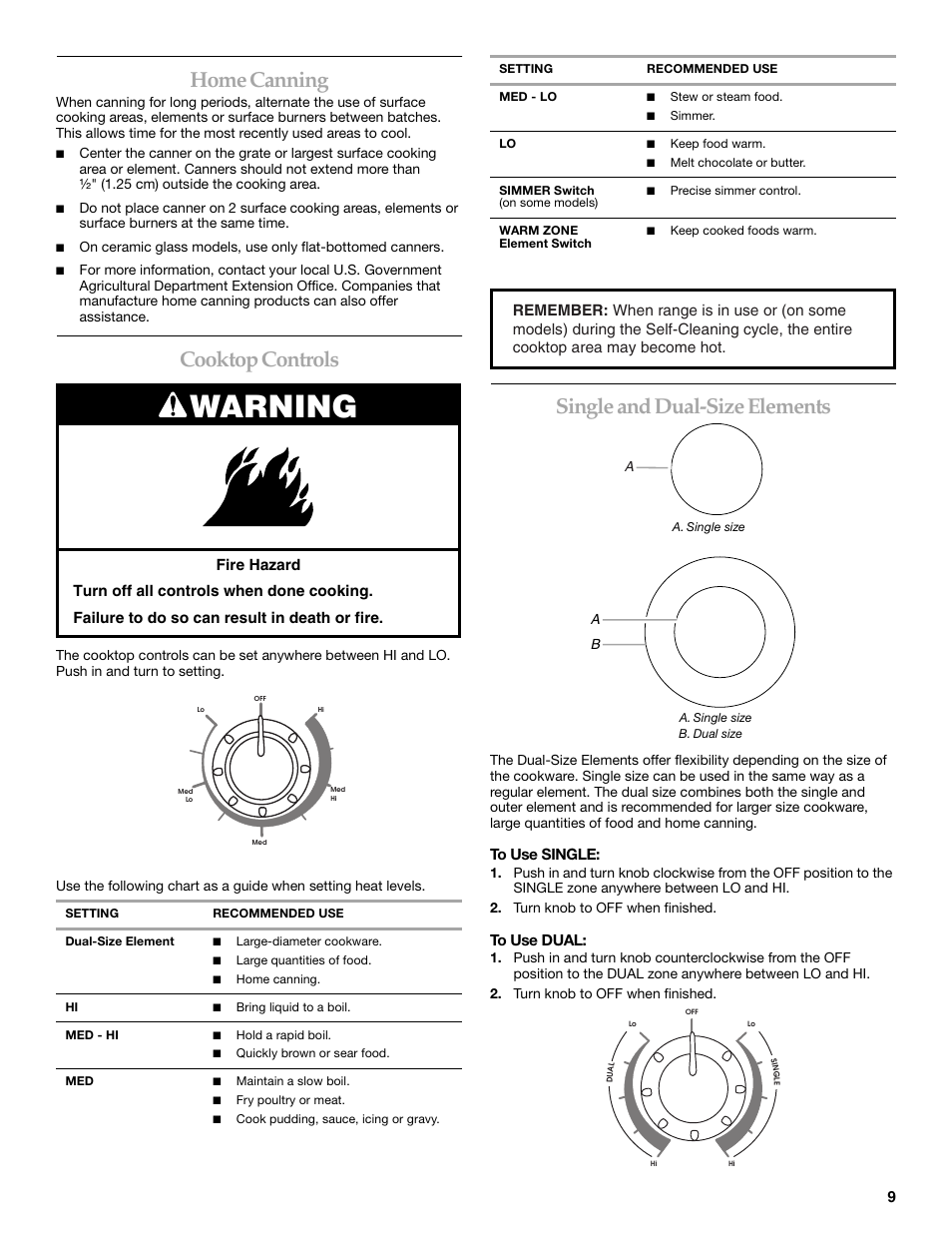 Warning, Home canning, Cooktop controls | Single and dual-size elements | KITCHENAID KERI201 User Manual | Page 9 / 28