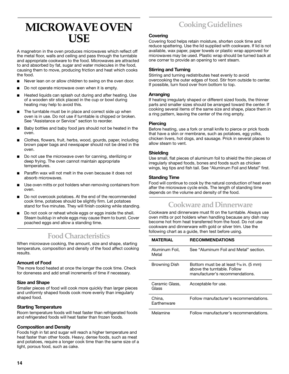 Microwave oven use, Cooking guidelines, Cookware and dinnerware | Food characteristics | KITCHENAID KBHC179 User Manual | Page 14 / 28