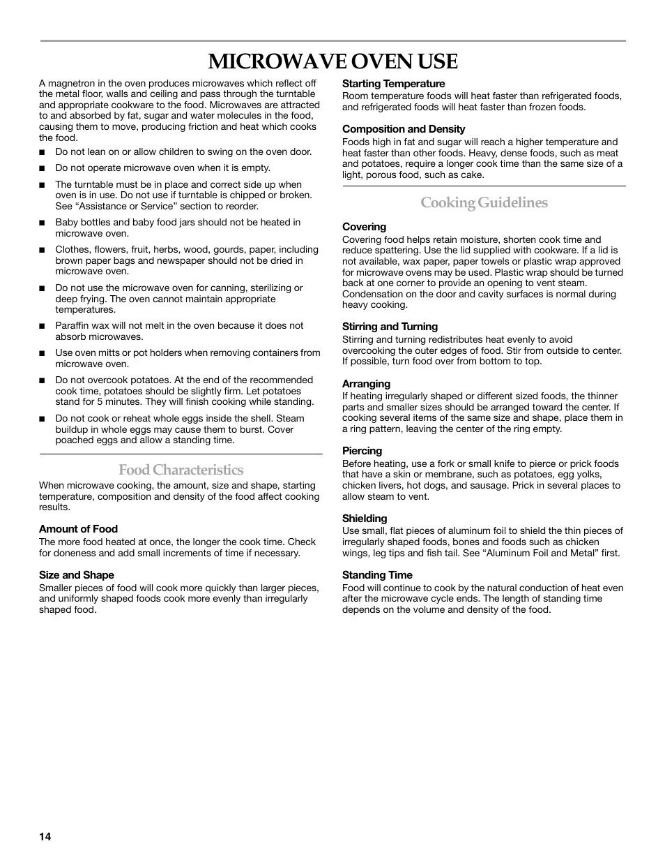 Microwave oven use, Food characteristics, Cooking guidelines | KITCHENAID KEHV309 User Manual | Page 14 / 28