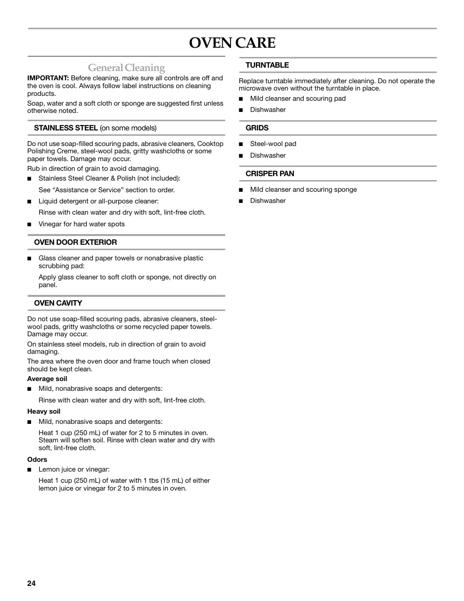 Oven care, General cleaning | KITCHENAID KEHV309 User Manual | Page 24 / 28