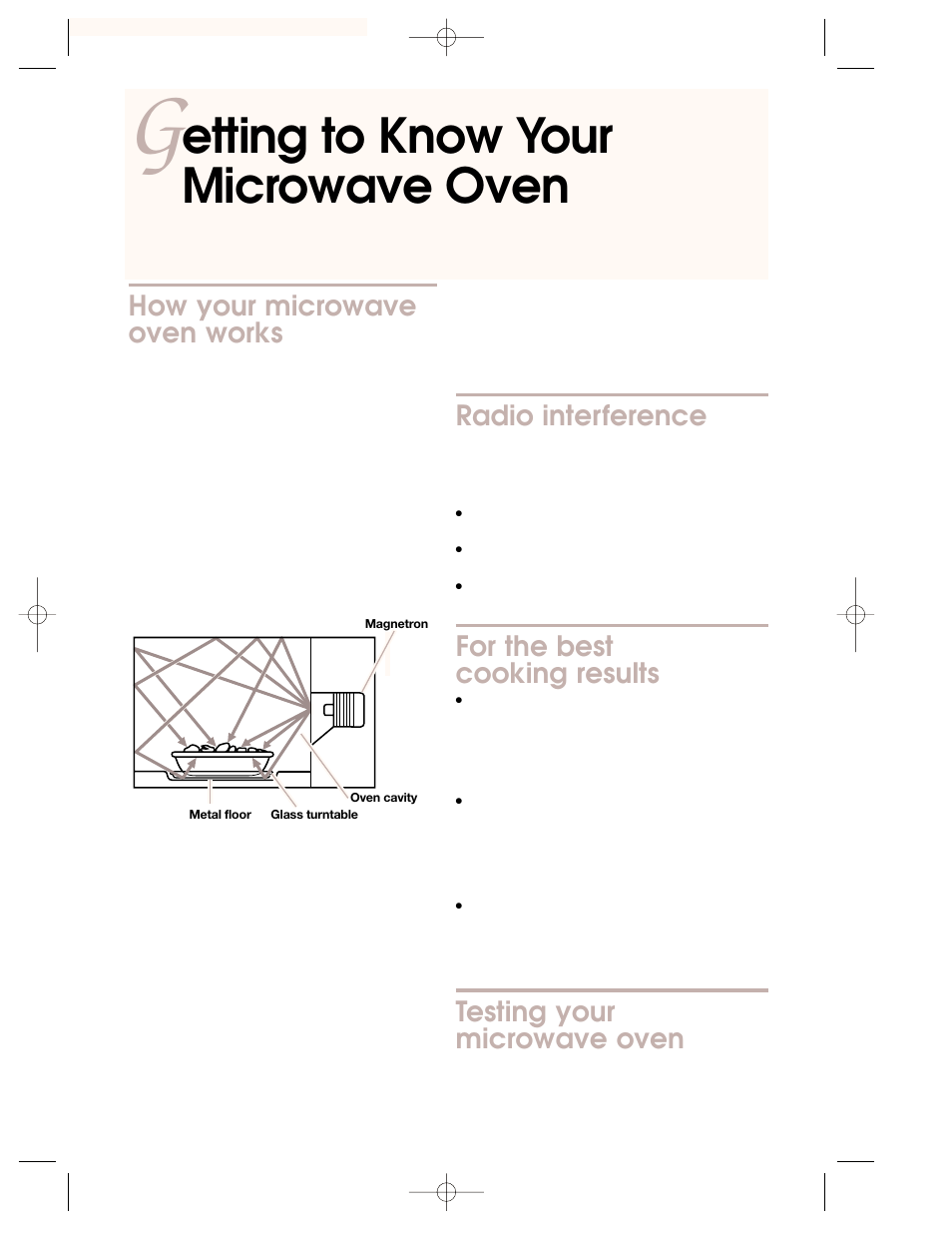 G etting to know your microwave oven, How your microwave oven works, Radio interference | For the best cooking results, Testing your microwave oven, Etting to know your microwave oven | KITCHENAID KBMC147H User Manual | Page 6 / 42