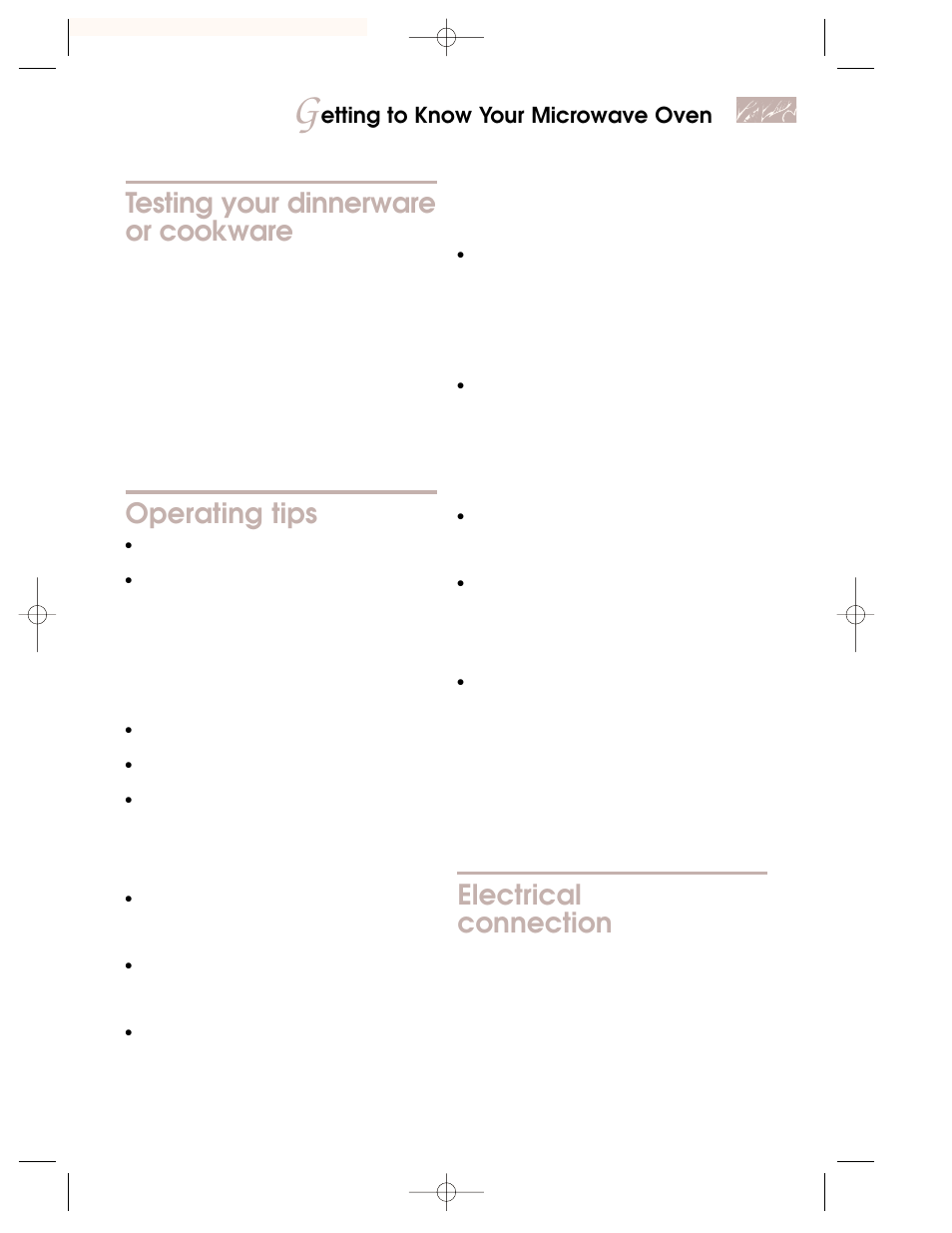 Testing your dinnerware or cookware, Operating tips, Electrical connection | Etting to know your microwave oven | KITCHENAID KBMC147H User Manual | Page 7 / 42