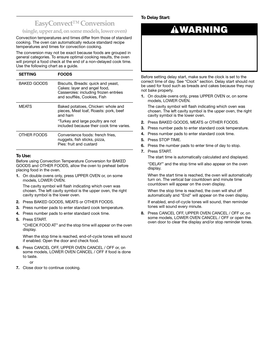 Easyconvect™ conversion, Warning | KITCHENAID KEBS247 User Manual | Page 15 / 24