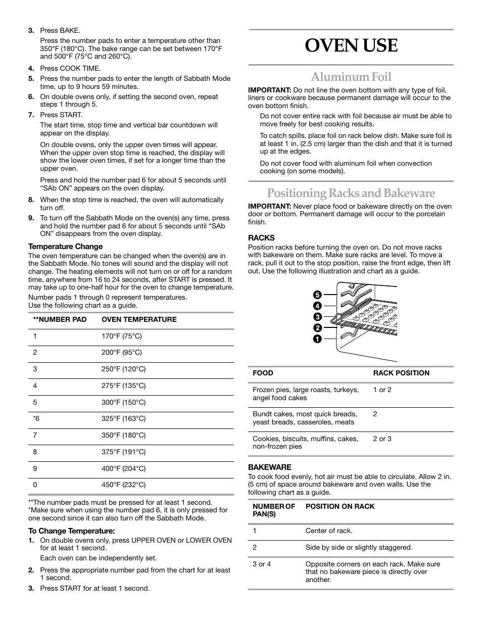 Oven use, Aluminum foil, Positioning racks and bakeware | KITCHENAID KEBS247 User Manual | Page 9 / 24
