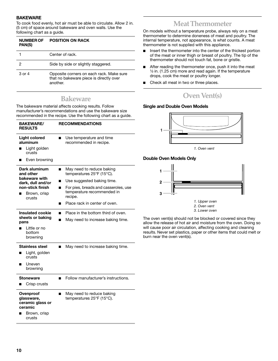 Bakeware, Meat thermometer, Oven vent(s) | KITCHENAID KEBC101 User Manual | Page 10 / 20