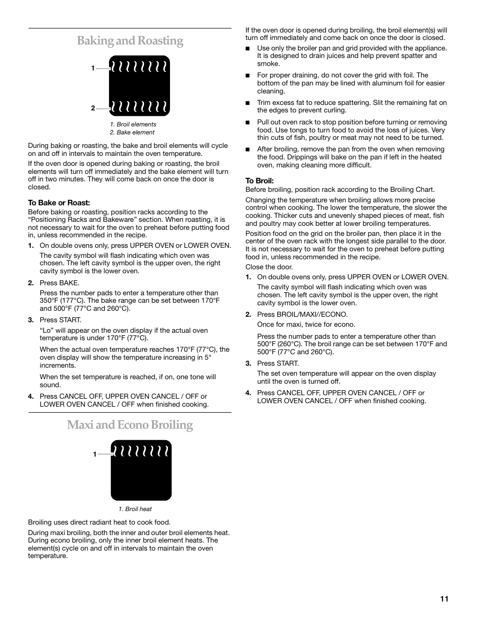 Baking and roasting, Maxi and econo broiling | KITCHENAID KEBC101 User Manual | Page 11 / 20